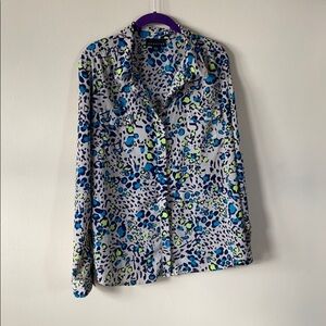 Colorful Tiger Animal Print Button Down Size X Large Attention Grey Blue Green